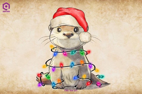 Adorable Otter Christmas Tree Lights Illustration