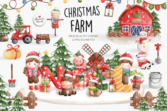 Christmas Farm Clipart Illustrations for Digital Selling