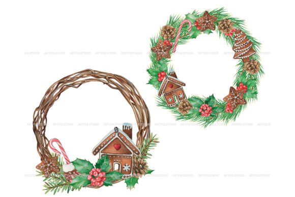 Christmas Gingerbread House Wreaths Illustrations