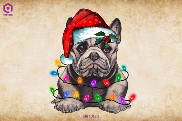 French Bulldog Christmas Tree Lights Illustrations