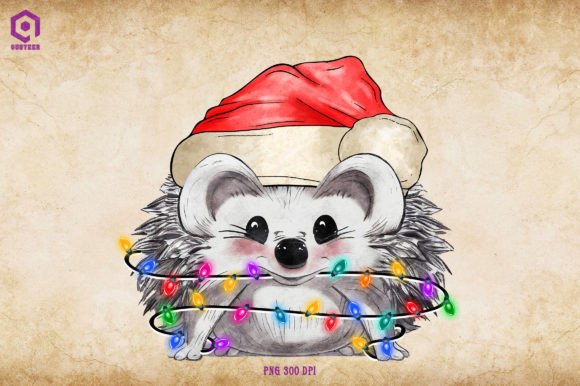 Hedgehog Christmas Tree Lights Illustration