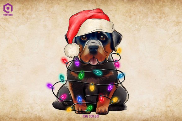Rottweiler Christmas Tree Lights Illustration