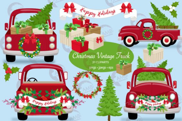 Vintage Red Truck Illustration for Christmas 2841