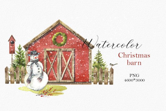Watercolor Christmas Farm House Clipart Illustrations