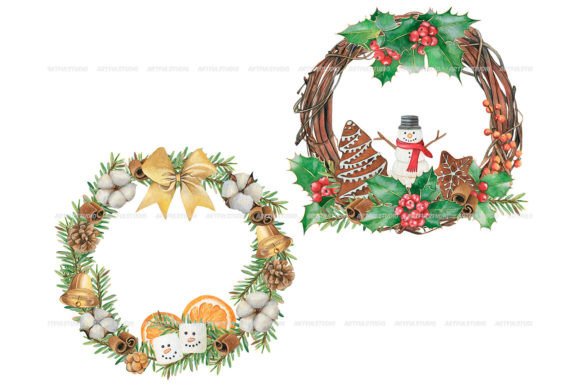Watercolor Christmas Wreaths with Sweets Illustrations