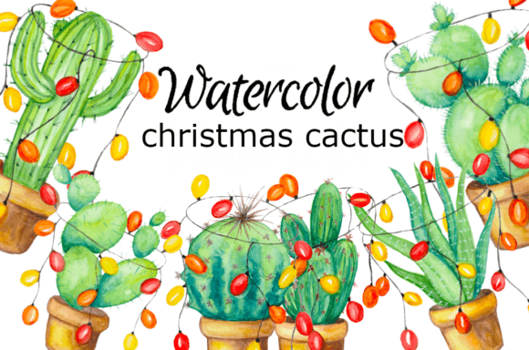 Watercolor Clipart Christmas Cactus Art for Illustrations